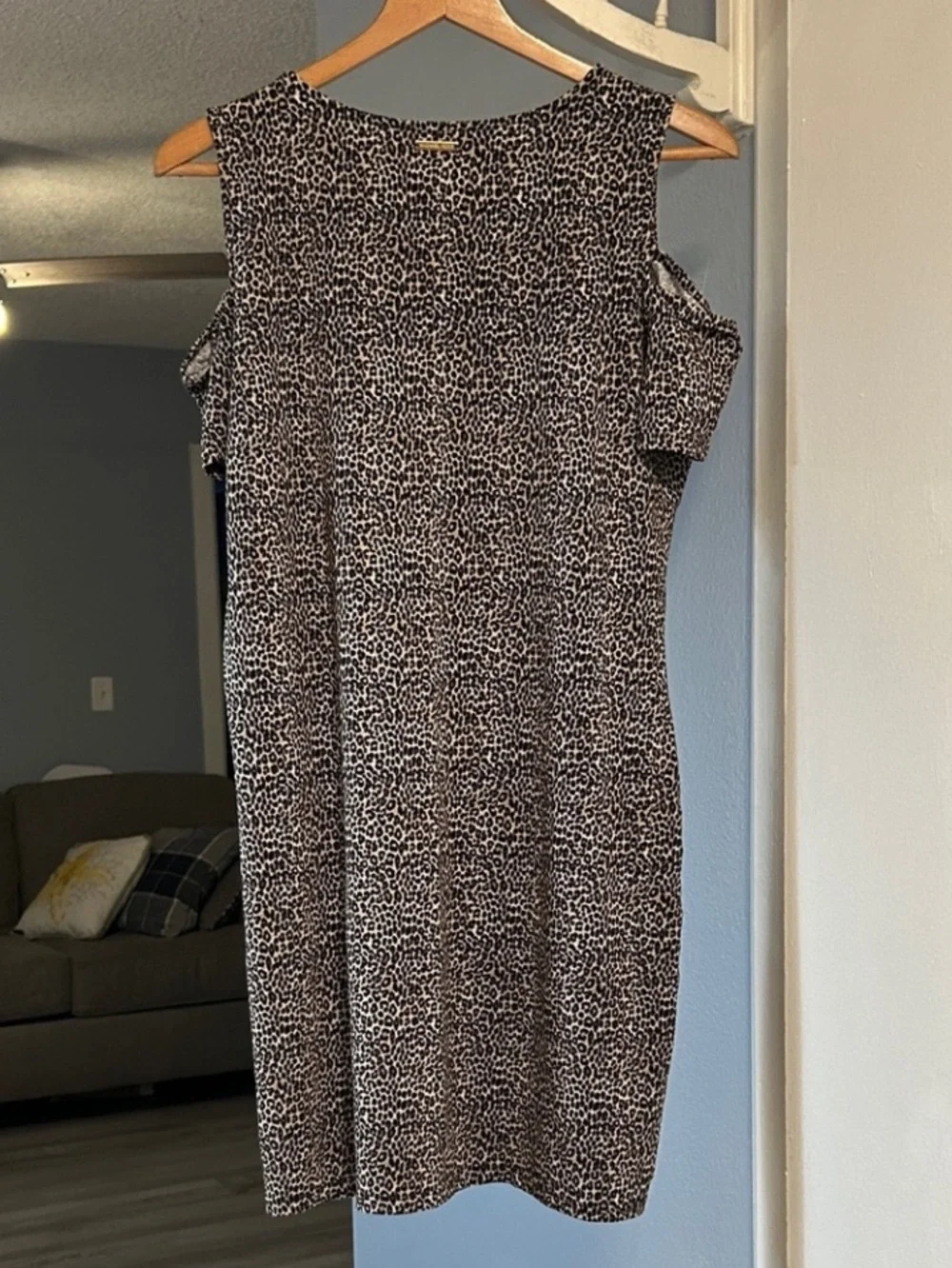 Michael Kors Cold Shoulder Animal Print Shift Dress Black & Taupe Size L
